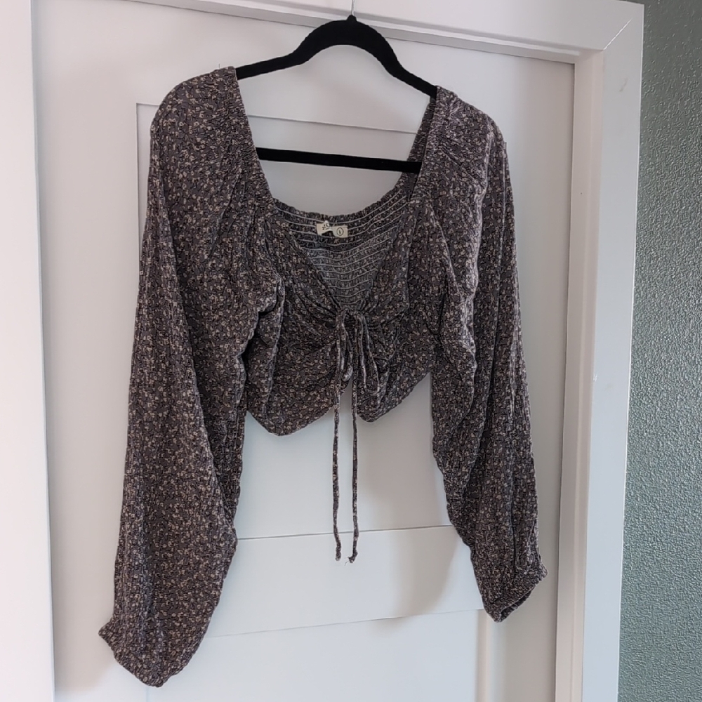 Sozy Smocked Tie-Front Floral Crop Blouse - Brown
